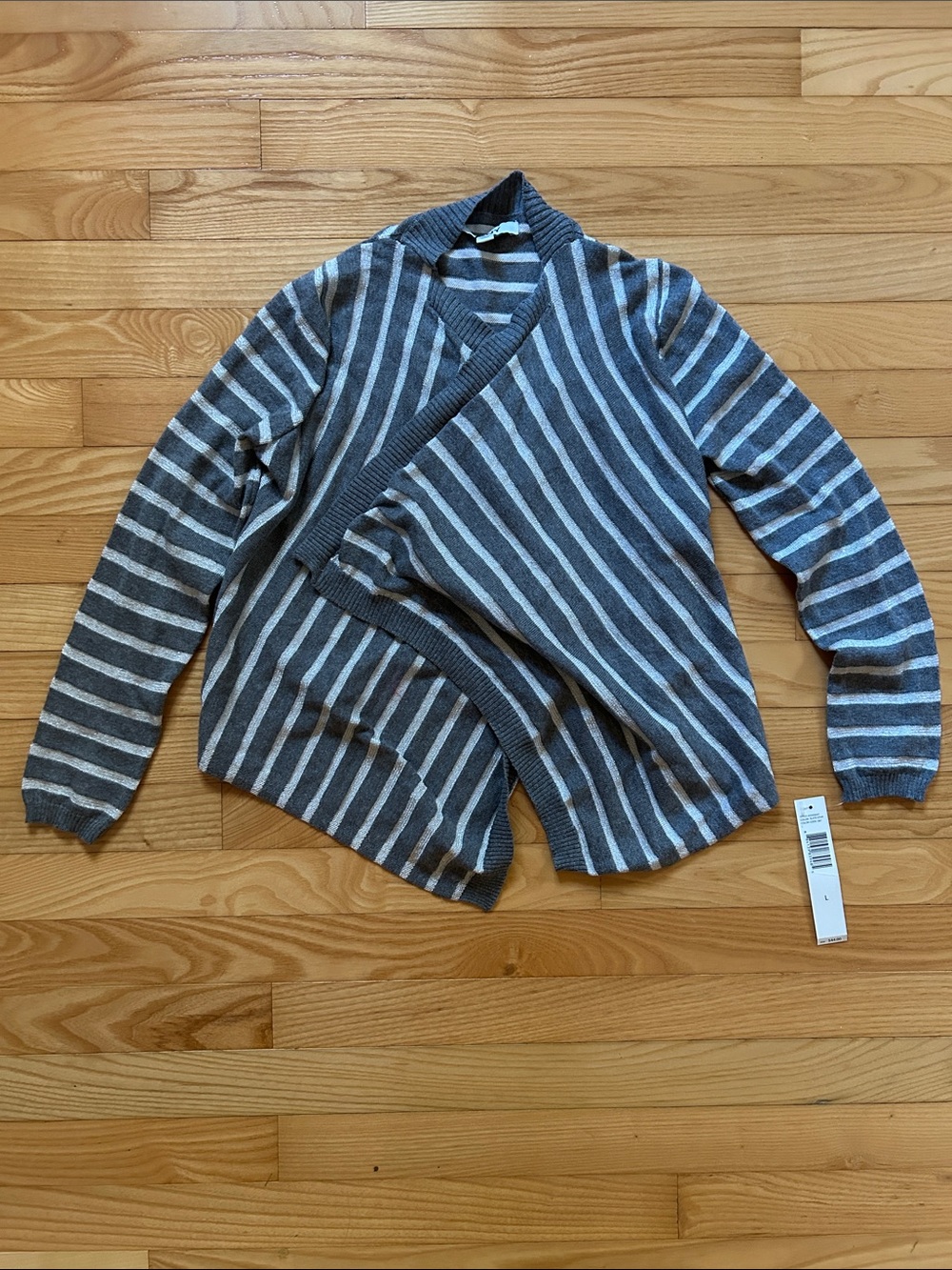 DKNY Gray and Light Gray Striped Wrap Cardigan